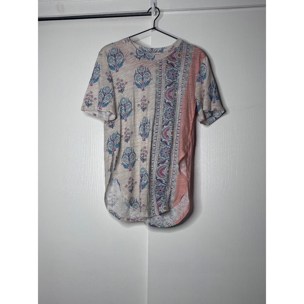 Anthropologie Postmark Floral Paisley Mixed Media Tee Peach Blue XS